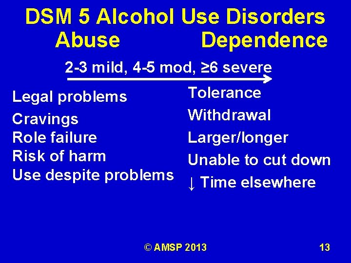 DSM 5 Alcohol Use Disorders Abuse Dependence 2 -3 mild, 4 -5 mod, ≥