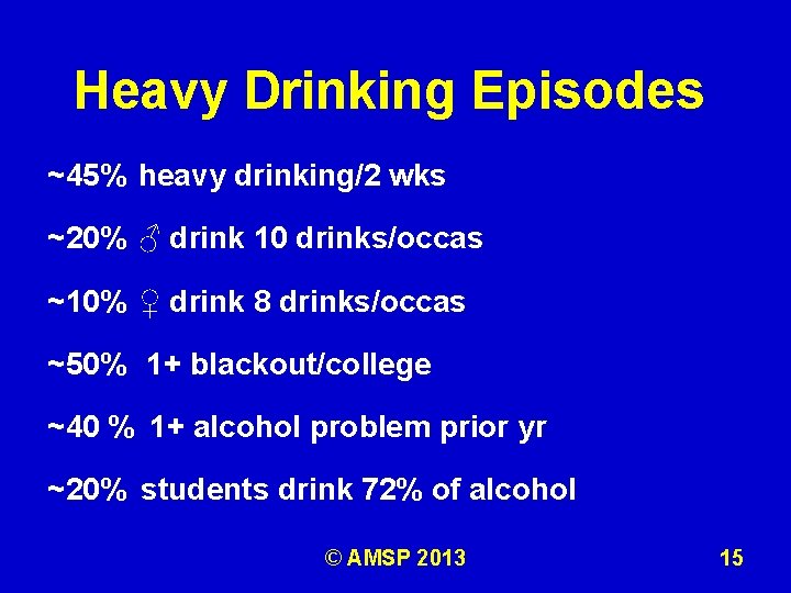 Heavy Drinking Episodes ~45% heavy drinking/2 wks ~20% ♂ drink 10 drinks/occas ~10% ♀
