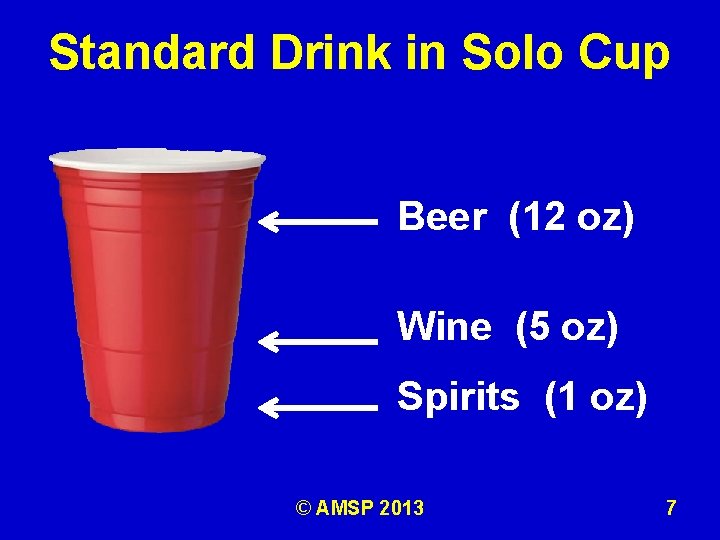 Standard Drink in Solo Cup Beer (12 oz) Wine (5 oz) Spirits (1 oz)