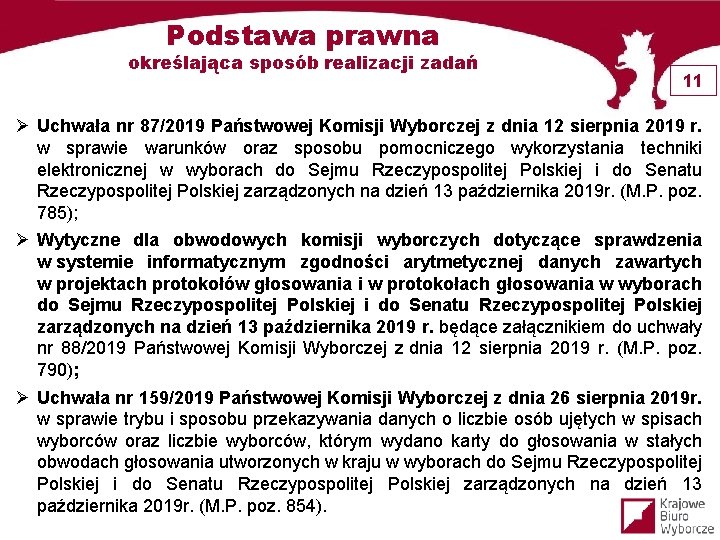 Podstawa prawna określająca sposób realizacji zadań 11 Ø Uchwała nr 87/2019 Państwowej Komisji Wyborczej