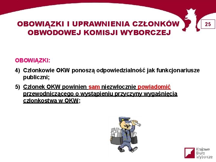 OBOWIĄZKI I UPRAWNIENIA CZŁONKÓW OBWODOWEJ KOMISJI WYBORCZEJ OBOWIĄZKI: 4) Członkowie OKW ponoszą odpowiedzialność jak