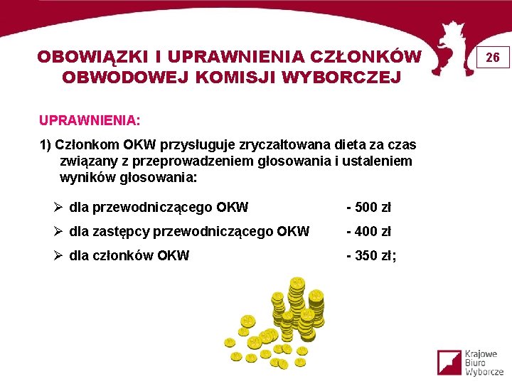 OBOWIĄZKI I UPRAWNIENIA CZŁONKÓW OBWODOWEJ KOMISJI WYBORCZEJ UPRAWNIENIA: 1) Członkom OKW przysługuje zryczałtowana dieta