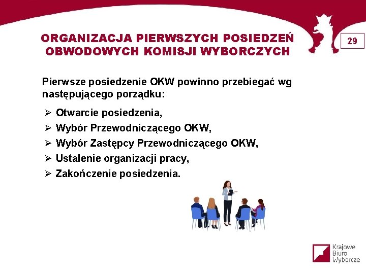 ORGANIZACJA PIERWSZYCH POSIEDZEŃ OBWODOWYCH KOMISJI WYBORCZYCH Pierwsze posiedzenie OKW powinno przebiegać wg następującego porządku: