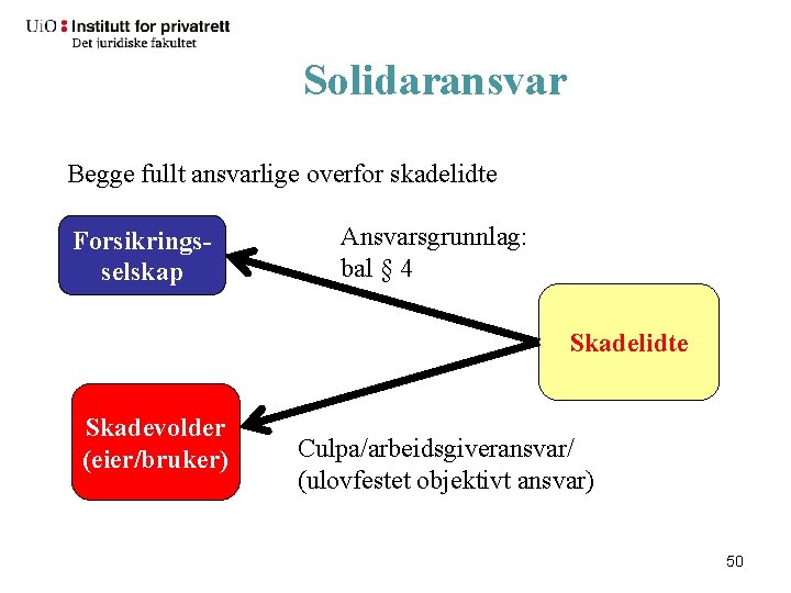 Solidaransvar Begge fullt ansvarlige overfor skadelidte Forsikringsselskap Ansvarsgrunnlag: bal § 4 Skadelidte Skadevolder (eier/bruker)