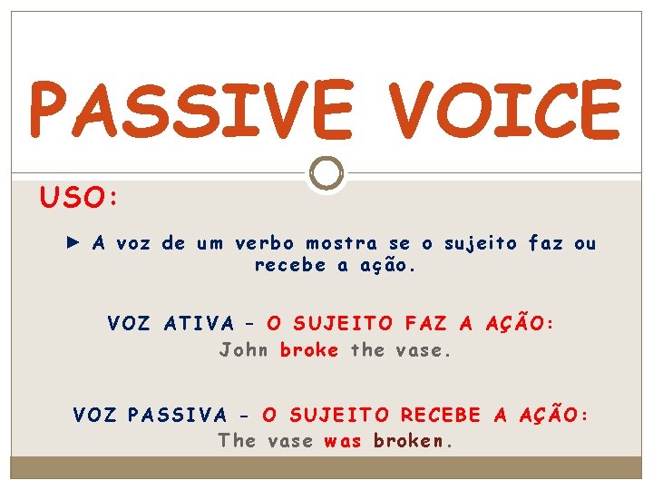PASSIVE VOICE USO: ► A voz de um verbo mostra se o sujeito faz