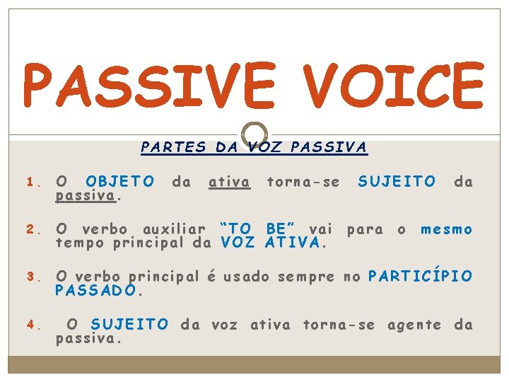 PASSIVE VOICE PARTES DA VOZ PASSIVA 1. O OBJETO passiva. da ativa torna-se SUJEITO