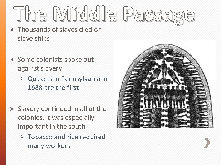 The Middle Passage » Thousands of slaves died on slave ships » Some colonists