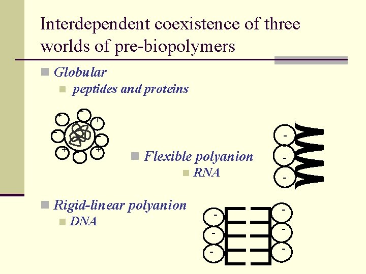 Interdependent coexistence of three worlds of pre-biopolymers n Globular n peptides and proteins -