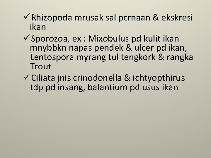 üRhizopoda mrusak sal pcrnaan & ekskresi ikan üSporozoa, ex : Mixobulus pd kulit ikan