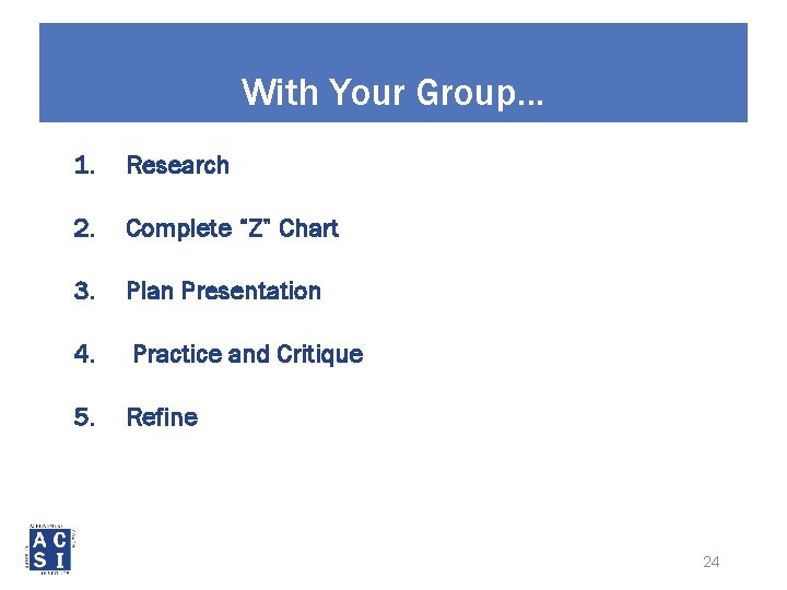 With Your Group. . . 1. Research 2. Complete “Z” Chart 3. Plan Presentation