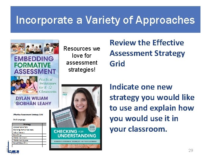 Incorporate a Variety of Approaches Resources we love for assessment strategies! Review the Effective
