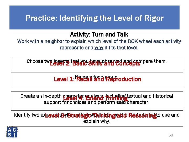 Understanding Levels of Thinking Practice: Identifying the Level of Rigor Activity: Turn and Talk