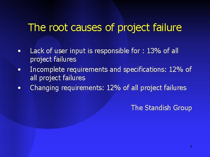 The root causes of project failure • • • Lack of user input is