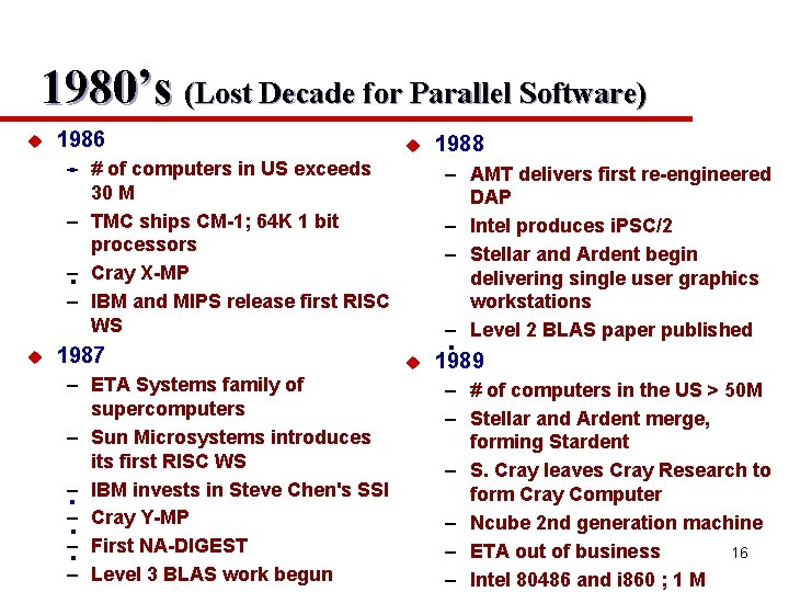 1980’s (Lost Decade for Parallel Software) u 1986 . u – # of computers