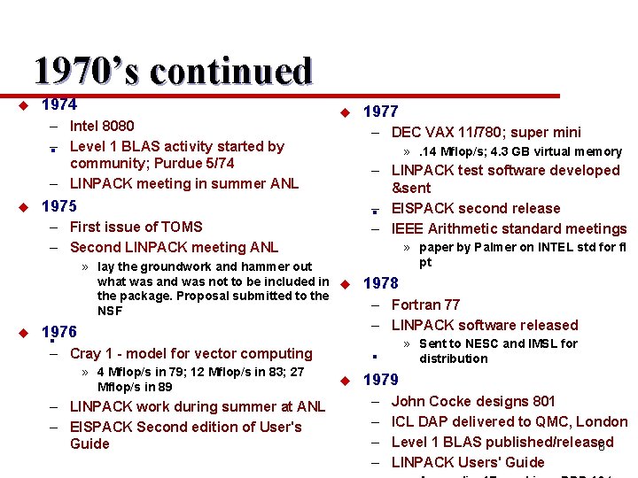 1970’s continued u 1974 – Intel 8080 – Level 1 BLAS activity started by