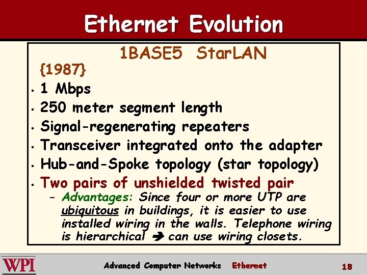 Ethernet Evolution 1 BASE 5 Star. LAN § § § {1987} 1 Mbps 250