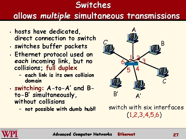 Switches allows multiple simultaneous transmissions § § § hosts have dedicated, direct connection to