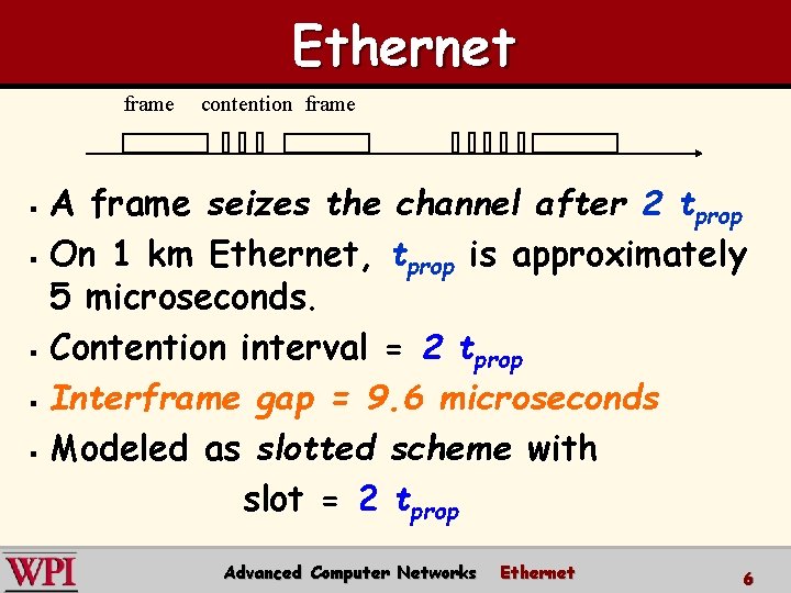 Ethernet frame contention frame A frame seizes the channel after 2 tprop § On