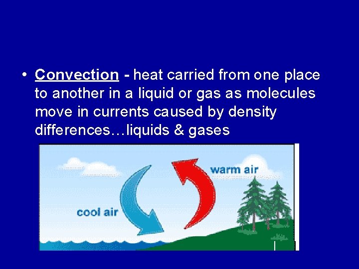  • Convection - heat carried from one place to another in a liquid