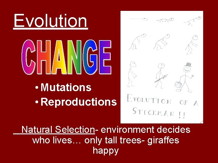 Evolution • Mutations • Reproductions Natural Selection- environment decides who lives… only tall trees-