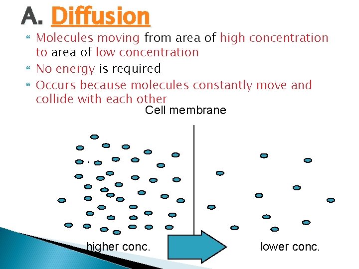 A. Diffusion Molecules moving from area of high concentration to area of low concentration