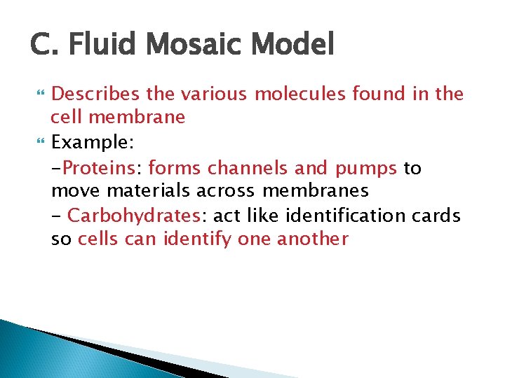 C. Fluid Mosaic Model Describes the various molecules found in the cell membrane Example: