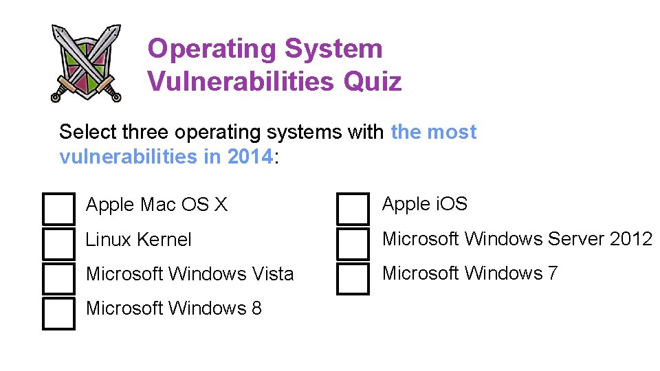 Operating System Vulnerabilities Quiz Select three operating systems with the most vulnerabilities in 2014: Operating System Vulnerabilities Quiz Select three operating systems with the most vulnerabilities in 2014: