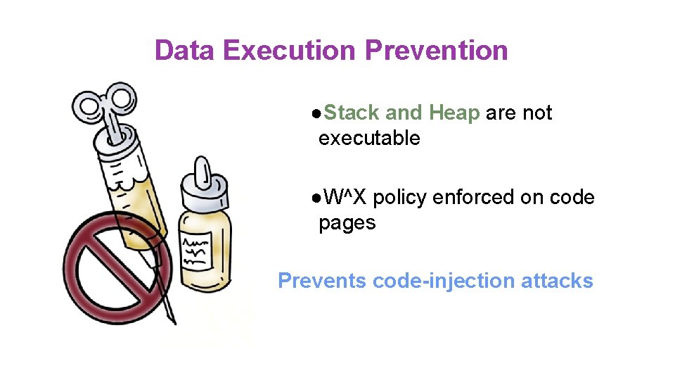 Data Execution Prevention ●Stack and Heap are not executable ●W^X policy enforced on code Data Execution Prevention ●Stack and Heap are not executable ●W^X policy enforced on code