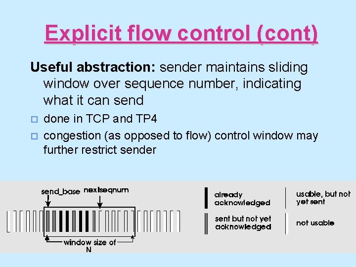 Explicit flow control (cont) Useful abstraction: sender maintains sliding window over sequence number, indicating