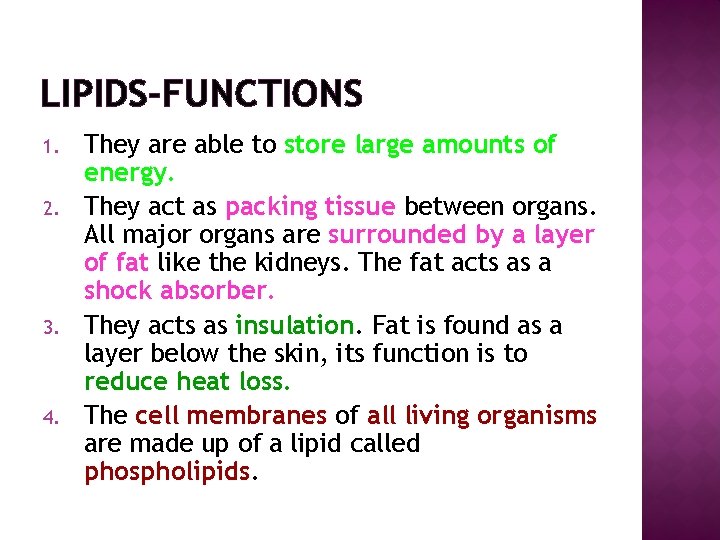 LIPIDS-FUNCTIONS 1. 2. 3. 4. They are able to store large amounts of energy.