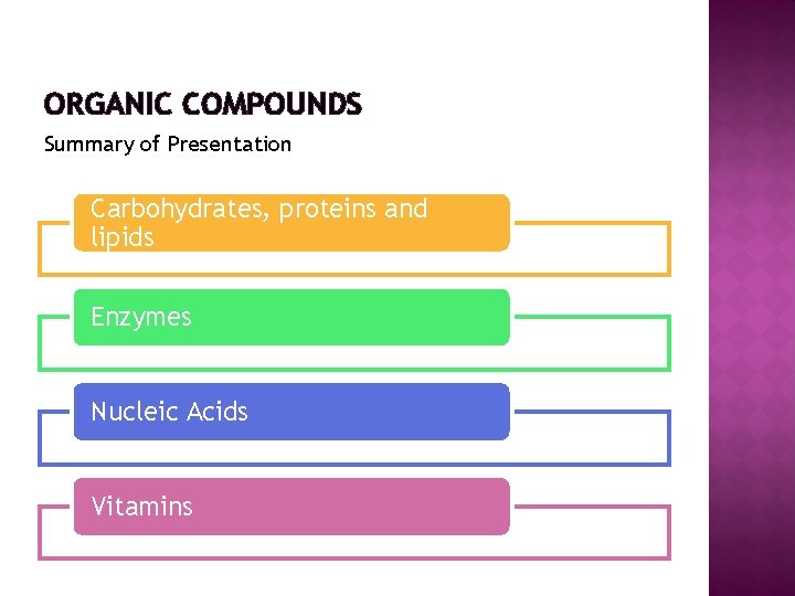 ORGANIC COMPOUNDS Summary of Presentation Carbohydrates, proteins and lipids Enzymes Nucleic Acids Vitamins 