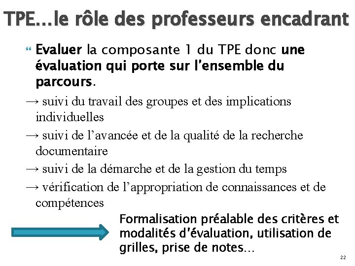 TPE…le rôle des professeurs encadrant Evaluer la composante 1 du TPE donc une évaluation