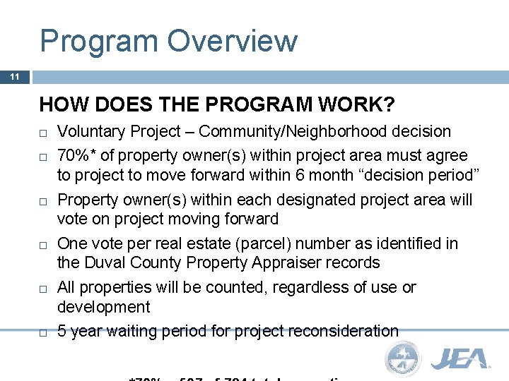 Program Overview 11 HOW DOES THE PROGRAM WORK? Voluntary Project – Community/Neighborhood decision 70%*