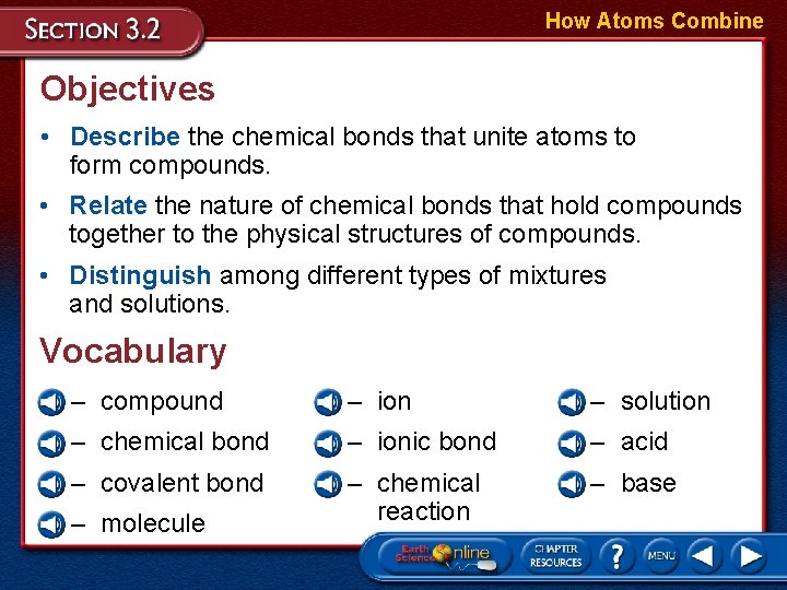 How Atoms Combine Objectives • Describe the chemical bonds that unite atoms to form