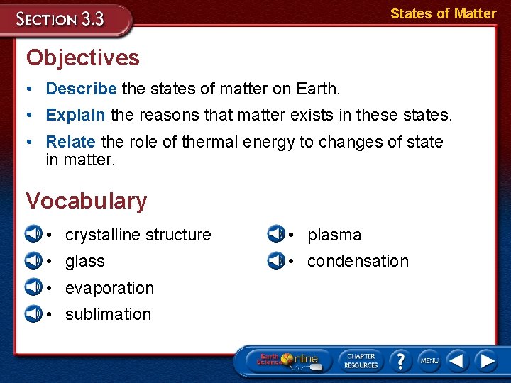 States of Matter Objectives • Describe the states of matter on Earth. • Explain