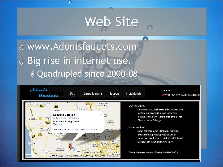 Web Site G www. Adonisfaucets. com G Big rise in internet use. G Quadrupled