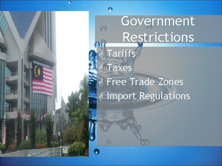 Government Restrictions G Tariffs G Taxes G Free Trade Zones G Import Regulations 
