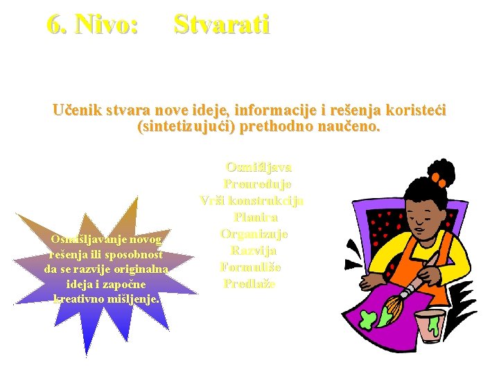 6. Nivo: Stvarati Učenik stvara nove ideje, informacije i rešenja koristeći (sintetizujući) prethodno naučeno.