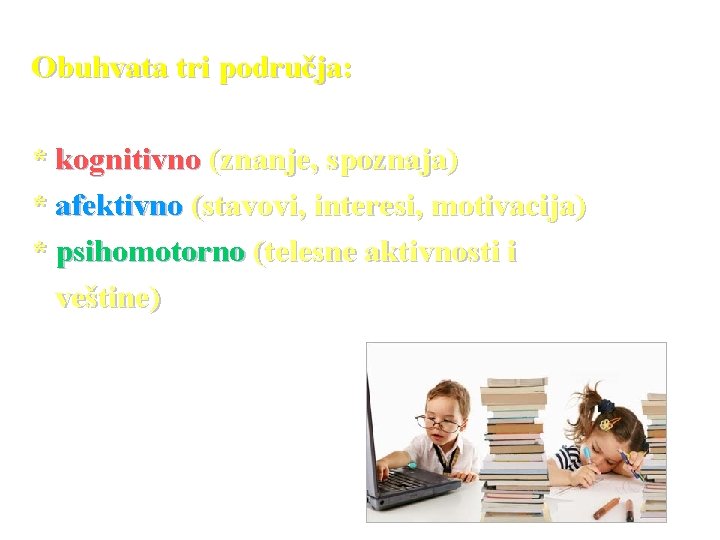 Obuhvata tri područja: * kognitivno (znanje, spoznaja) * afektivno (stavovi, interesi, motivacija) * psihomotorno