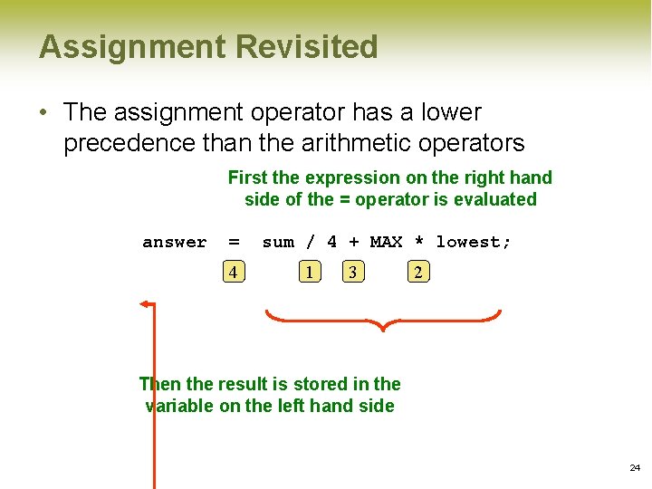 Assignment Revisited • The assignment operator has a lower precedence than the arithmetic operators Assignment Revisited • The assignment operator has a lower precedence than the arithmetic operators