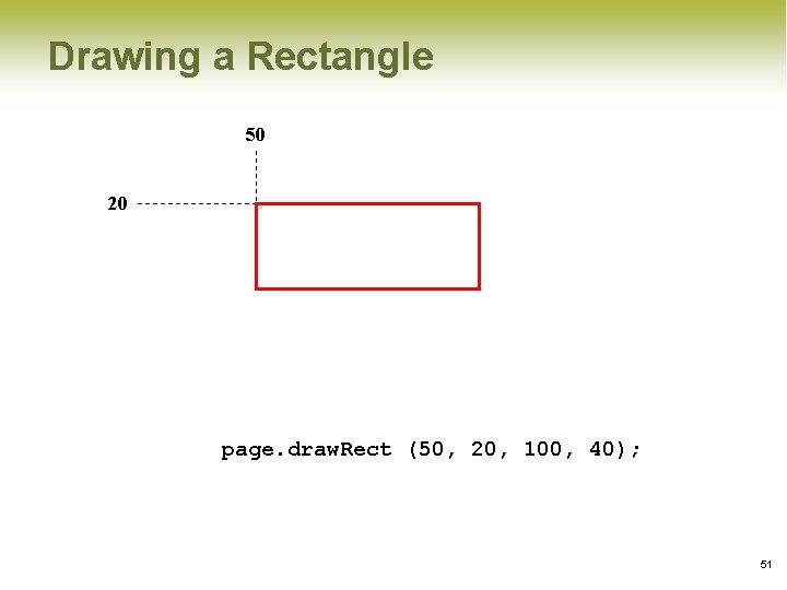 Drawing a Rectangle 50 20 page. draw. Rect (50, 20, 100, 40); 51 Drawing a Rectangle 50 20 page. draw. Rect (50, 20, 100, 40); 51