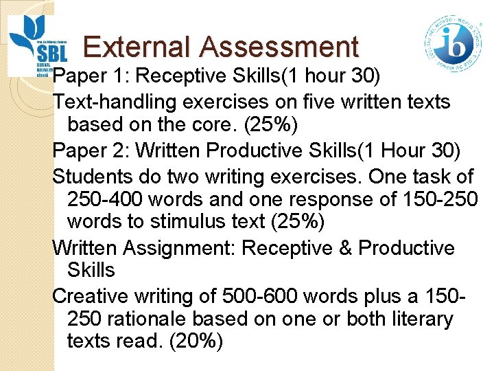 External Assessment Paper 1: Receptive Skills(1 hour 30) Text-handling exercises on five written texts