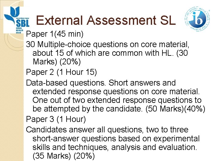 External Assessment SL Paper 1(45 min) 30 Multiple-choice questions on core material, about 15