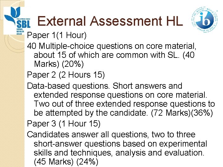 External Assessment HL Paper 1(1 Hour) 40 Multiple-choice questions on core material, about 15