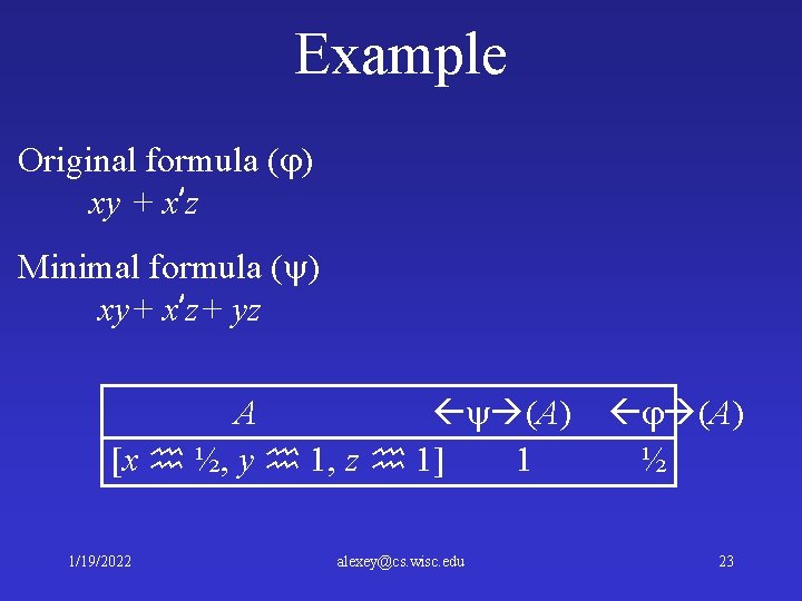 Example Original formula ( ) xy + x’z Minimal formula ( ) xy+ x’z+