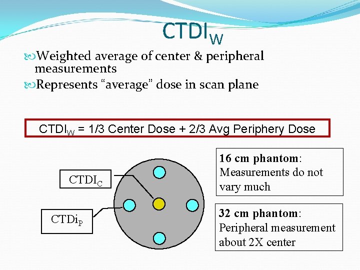 CTDIW Weighted average of center & peripheral measurements Represents “average” dose in scan plane