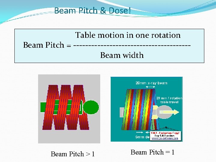Beam Pitch & Dose! Table motion in one rotation Beam Pitch = -------------------Beam width