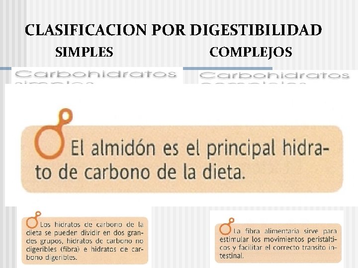 CLASIFICACION POR DIGESTIBILIDAD SIMPLES COMPLEJOS 
