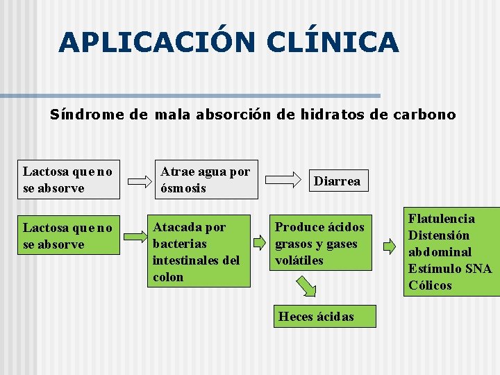 APLICACIÓN CLÍNICA Síndrome de mala absorción de hidratos de carbono Lactosa que no se