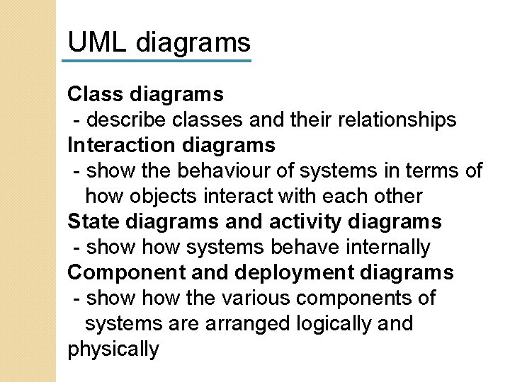 UML diagrams Class diagrams - describe classes and their relationships Interaction diagrams - show UML diagrams Class diagrams - describe classes and their relationships Interaction diagrams - show
